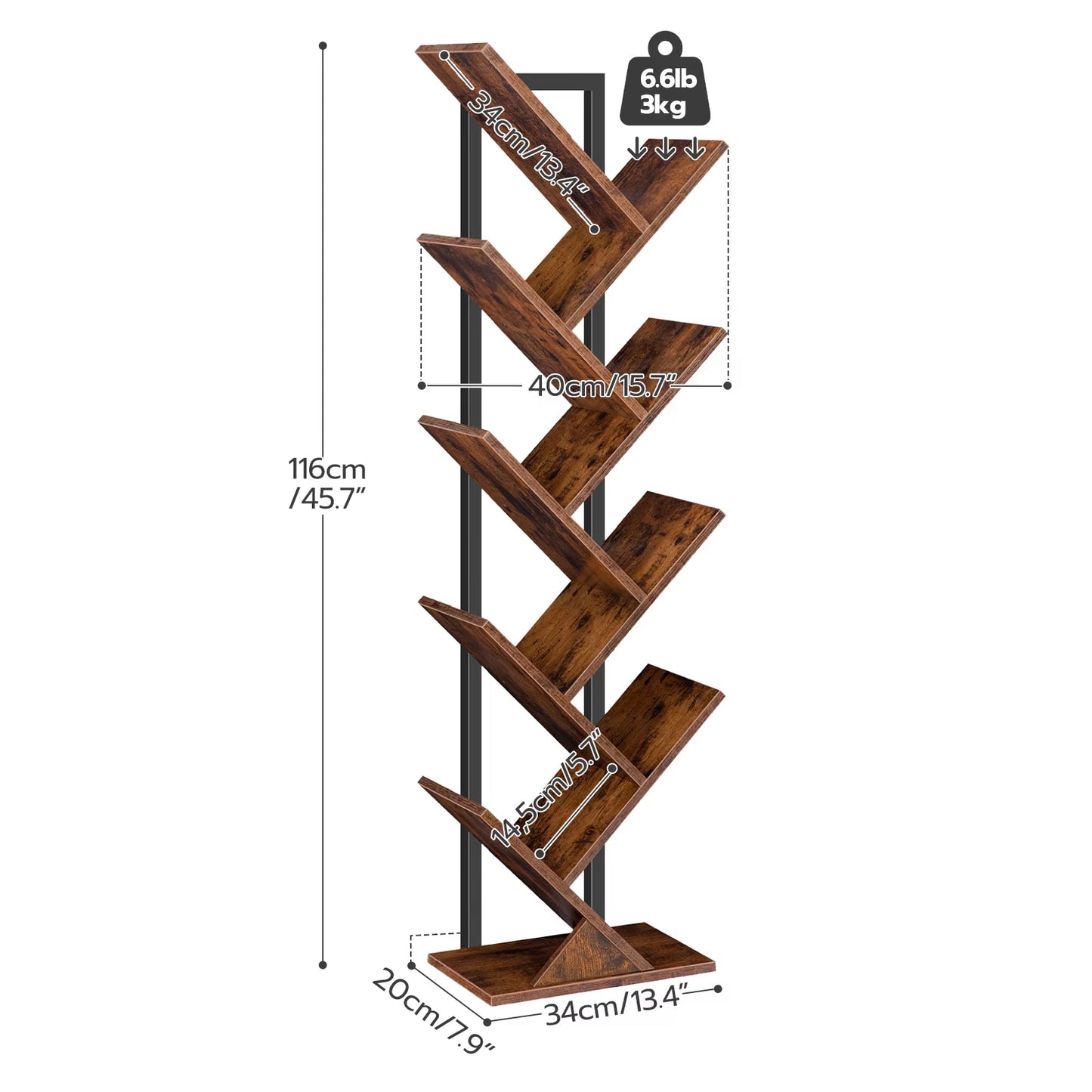 Tree Bookshelf Tall, 9-Tier Floor Standing Book Shelf, Tall Bookcase for Cds Albums, for Living Room, Rustic Brown and Black