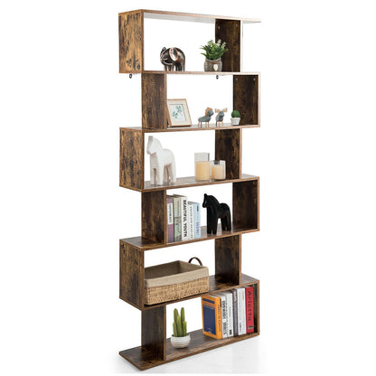 6-Tier S-Shaped Wooden Industrial Bookshelf