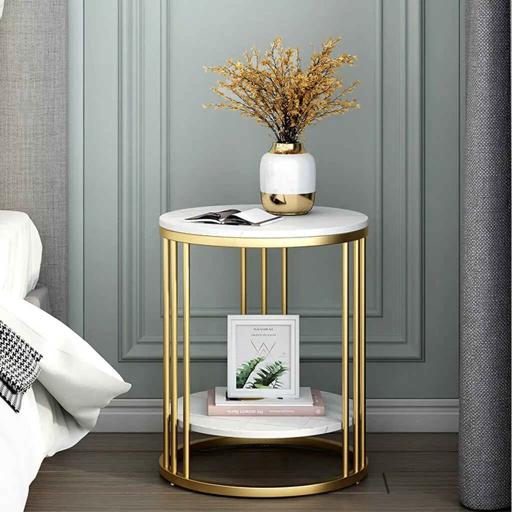 2-Tier White Marble Side Table round Coffee Table Nightstand Jewellery Storage