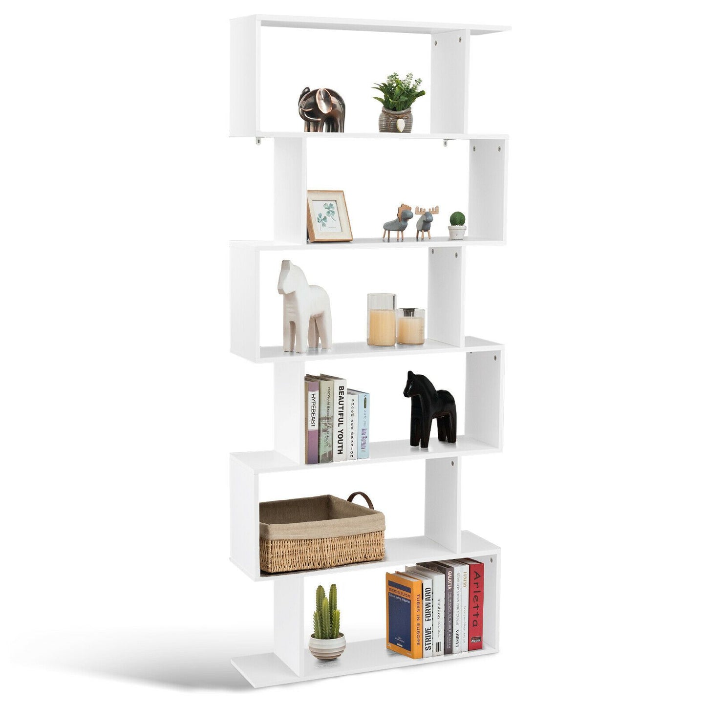 6-Tier S-Shaped Wooden Industrial Bookshelf